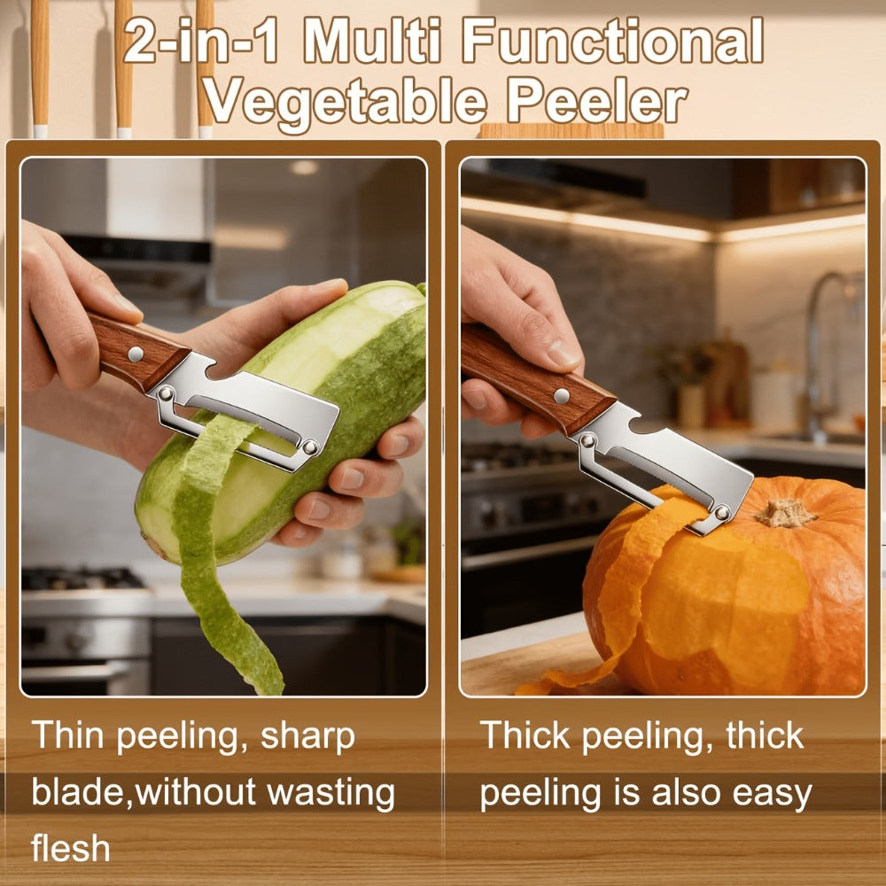 Two-Piece Zhoshuai Vegetable Peeler Set with Wood Handles, Scallion Comb and Bottle-Opening Cutout