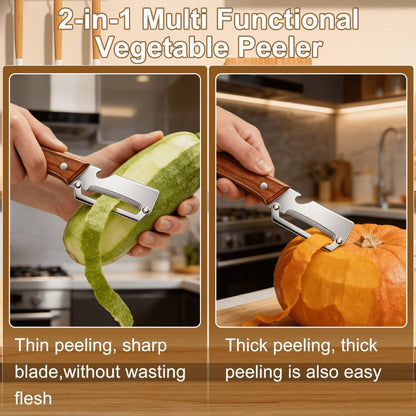 Two-Piece Zhoshuai Vegetable Peeler Set with Wood Handles, Scallion Comb and Bottle-Opening Cutout