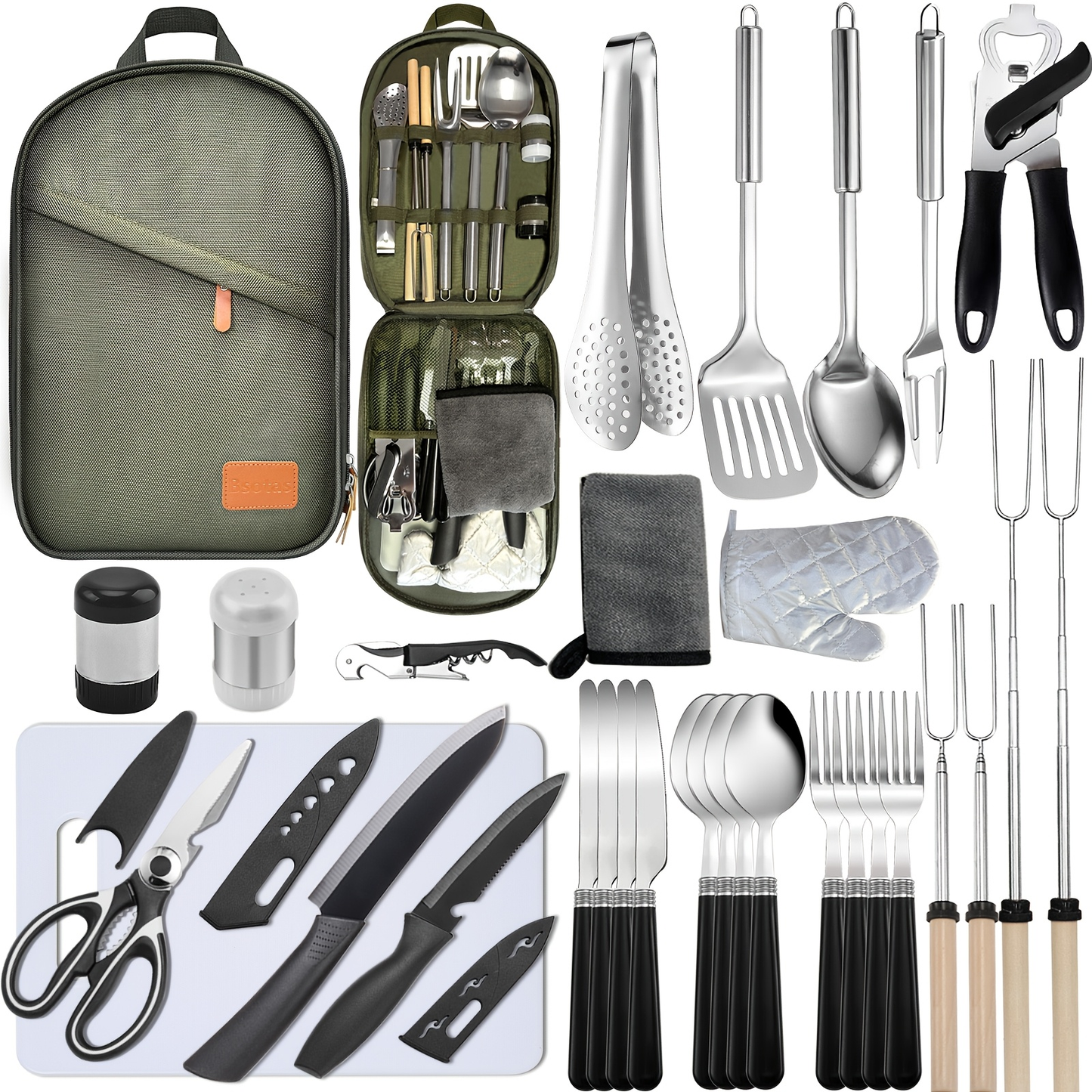 Camping Cookware Set, 31-Piece 304 Stainless Steel Camp Kitchen Tool Kit with Knives, Board and Organizer Bag
