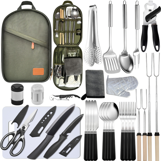 Camping Cookware Set, 31-Piece 304 Stainless Steel Camp Kitchen Tool Kit with Knives, Board and Organizer Bag