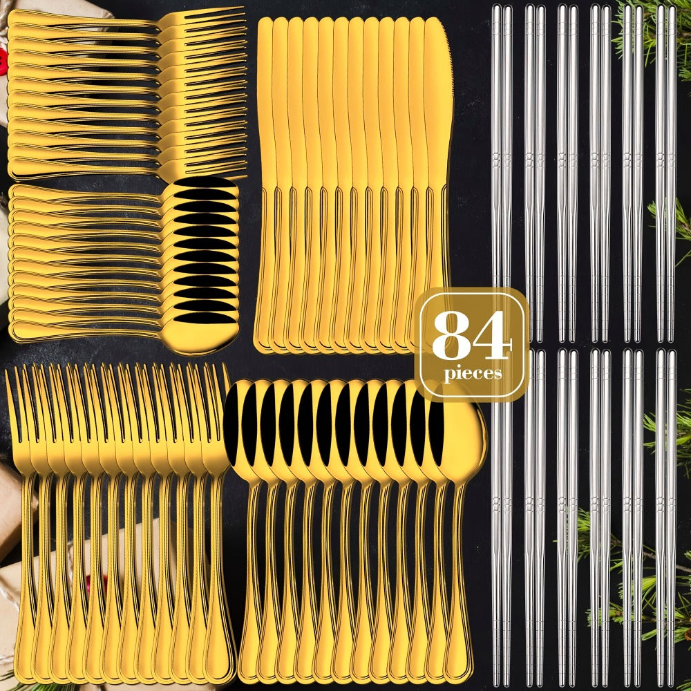 Large Flatware Set with 60-, 65- or 84-Piece Silver, Gold or Black Options and Chopstick Configurations