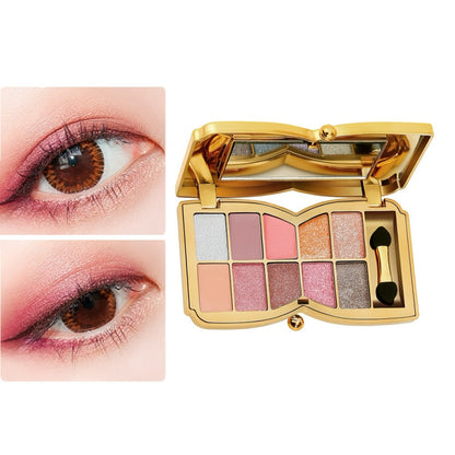 Eyeshadow Palette 10-Shade Gold Bow Compact with Mirror, Dual-Ended Applicator and Three Color Options