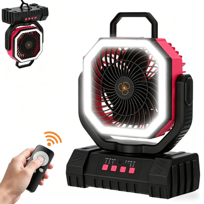 Camping Fan 20000mAh Tabletop and Hanging Fan with 4 Speeds, 13-59 Hour Labeled Runtime, LED Ring and Remote