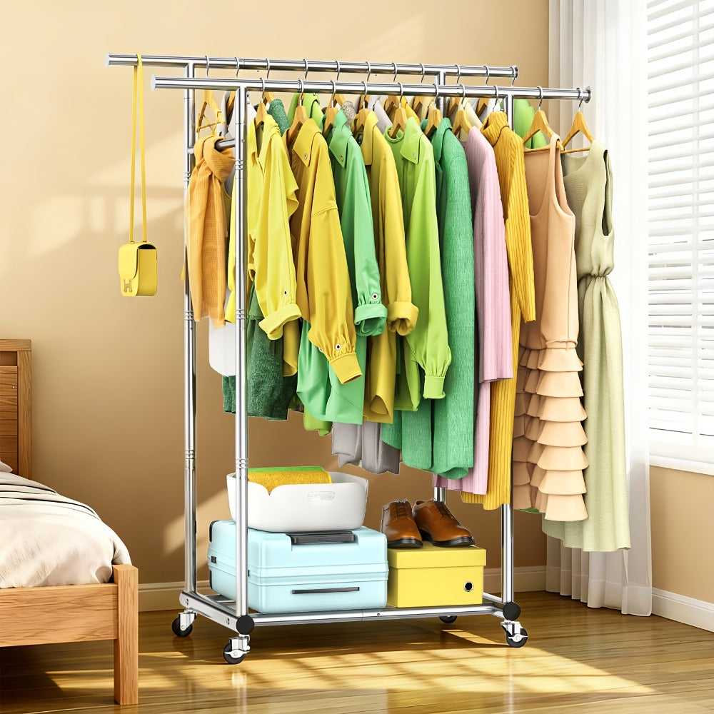 Portable Clothes Rack with Wheels – Heavy Duty Double Rod Garment Rack with Shelves & Hooks | Metal Rolling Clothing Rack for Hanging Clothes | Multi-Functional Closet Rack for Bedroom & Laundry Room
