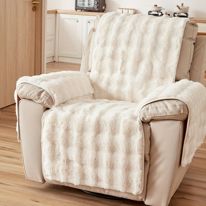 Faux Rabbit Fur Recliner Cover Thick Warm Glam Style Non-Slip Pet Friendly Machine Washable Plush Armchair Slipcover for Living Room Office - Coffee Gray White