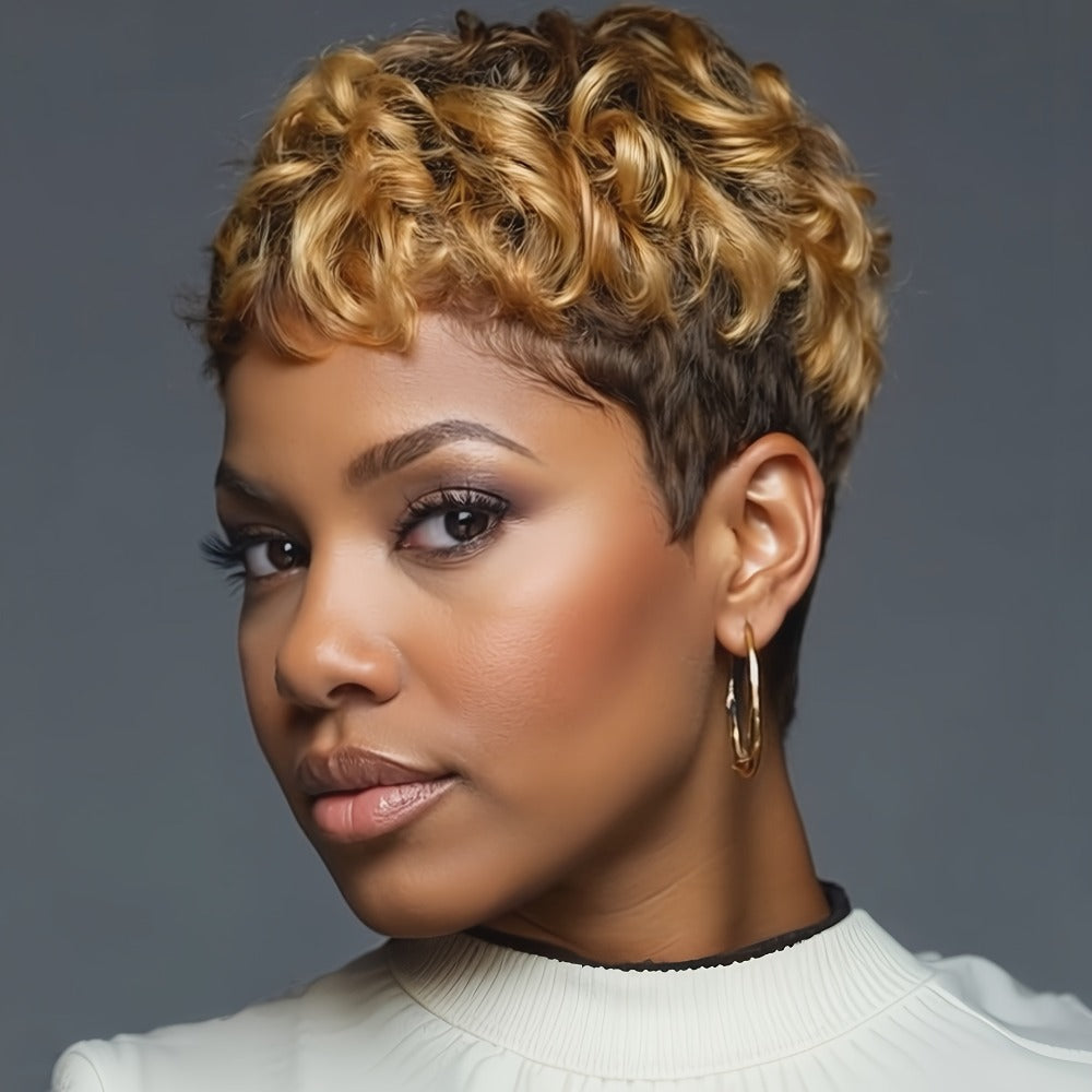 Synthetic Wig 4-Inch Mixed Blonde Curly Pixie with Bangs and Beginner-Friendly Rose Net Cap