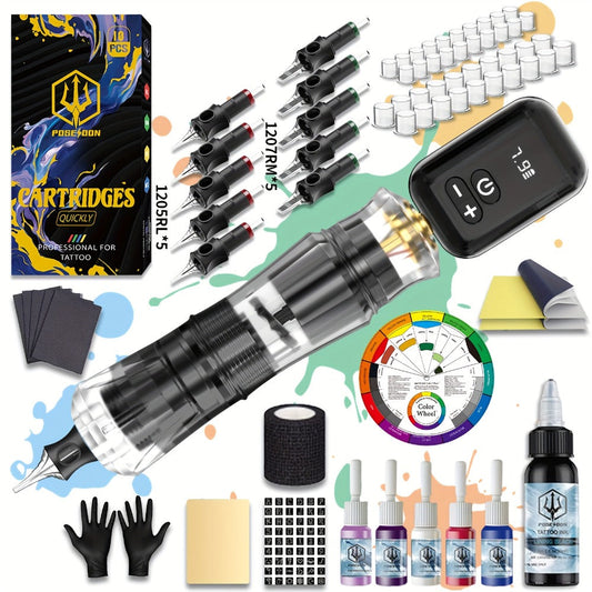 Rotary Tattoo Machine Kit Complete Set with 1400mAh Wireless Battery Digital Display 10 Cartridge Needles 6 Inks Practice Skin for Beginners & Professional Artists