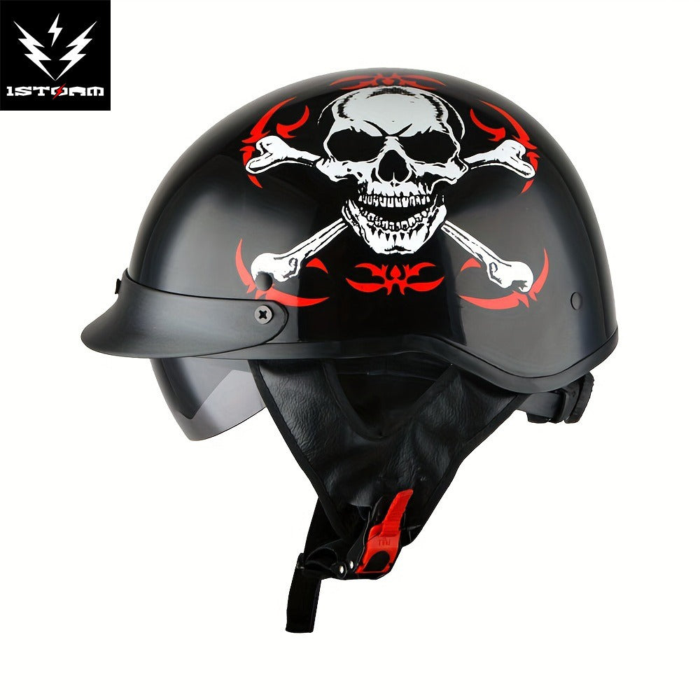 Motorcycle Half Face Helmet – Retractable Smoked Visor, Adjustable Inner Visor, Lightweight Aerodynamic Design, Goggle Compatible, Sizes S–XL