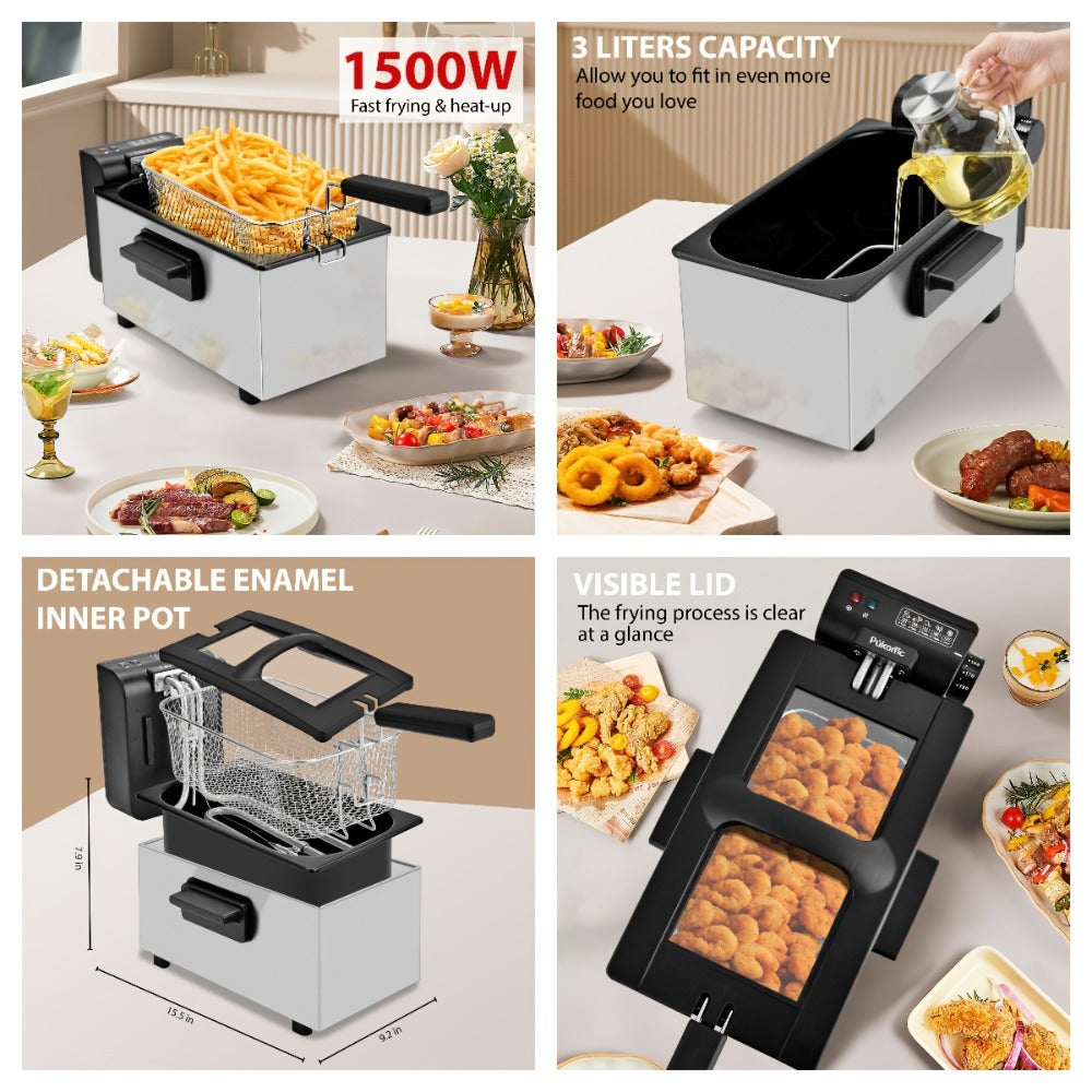 Black Stainless-Steel Deep Fryer with 1.5L to 6L Options, Enamel Inner Pot and Foldable Basket Handle