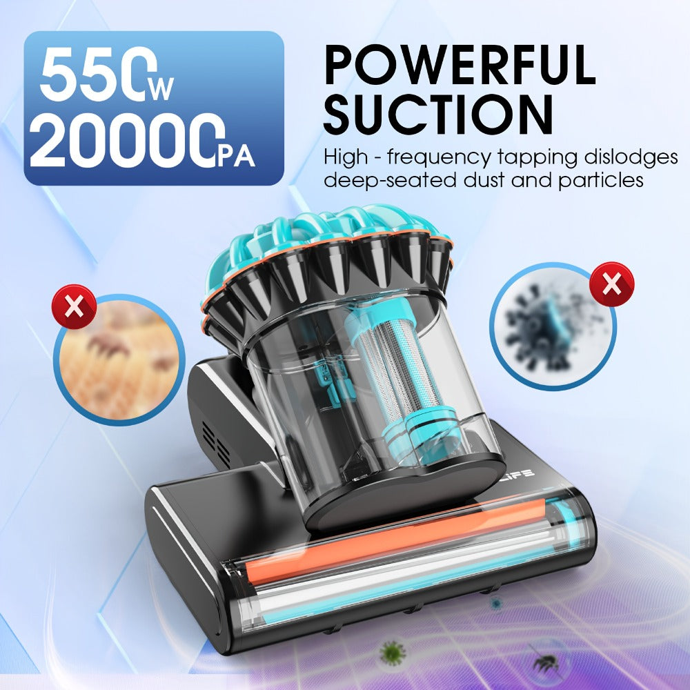 Corded Mattress Vacuum Cleaner with 550W 20000Pa Labels, Blue Trim, Dual Cyclone Cups and Filter