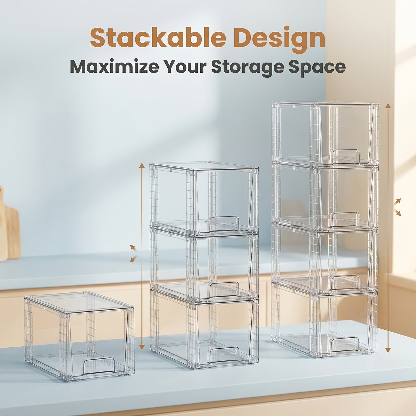 Clear Stackable Storage Drawer Bins in Four-, Six- or Eight-Piece Sets for Countertop Organization