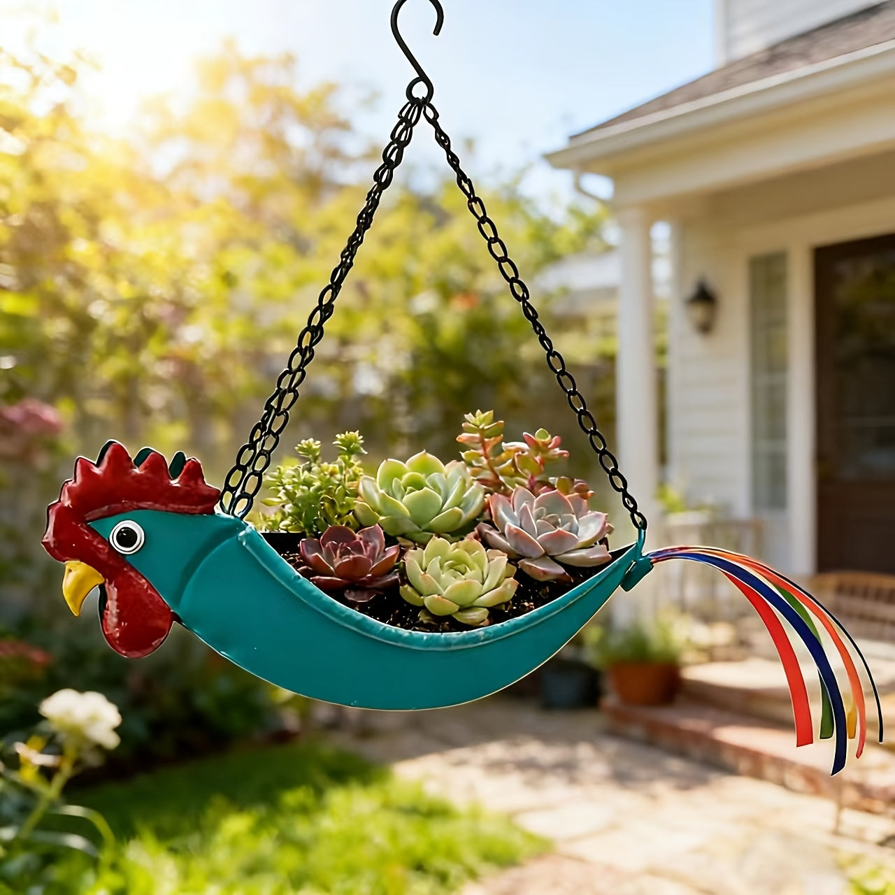 Rooster Hanging Planter – Wrought Iron Flower Pot with Chain for Succulents, Courtyard, Balcony & Eaves – Unique Gardening Gift