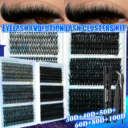 C-Curl Lash Extension Kit with 720 Clusters in 30D-100D Mixed Densities, Bond Product, Tweezers and Brush