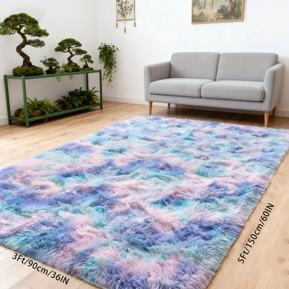 Area Rug Rainbow Purple Tie-Dye Shag in Three Machine-Washable Sizes for Bedroom or Living Room