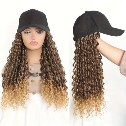 Afro Kinky Curly Baseball Cap Wig for Women 18 Inch Hat and Wig Combo Adjustable Elastic Net Long Synthetic Curly Hair Multi-Color Casual Daily Outdoor Wear