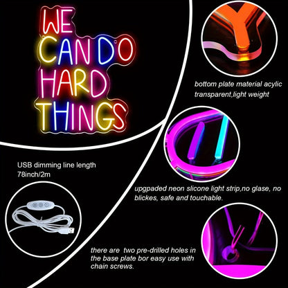 Neon Sign We Can Do Hard Things – Dimmable LED Wall Art, USB Powered, Vibrant Colors, Inspirational Bedroom Decor for Classroom Birthday Party Aesthetic Backdrop, 13.3x10.6 In