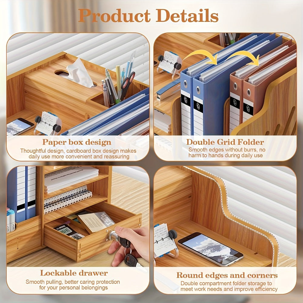 Wooden Desktop Document Organizer with File Slots, Open Shelves, Small Drawer and Approximately 38 cm Width