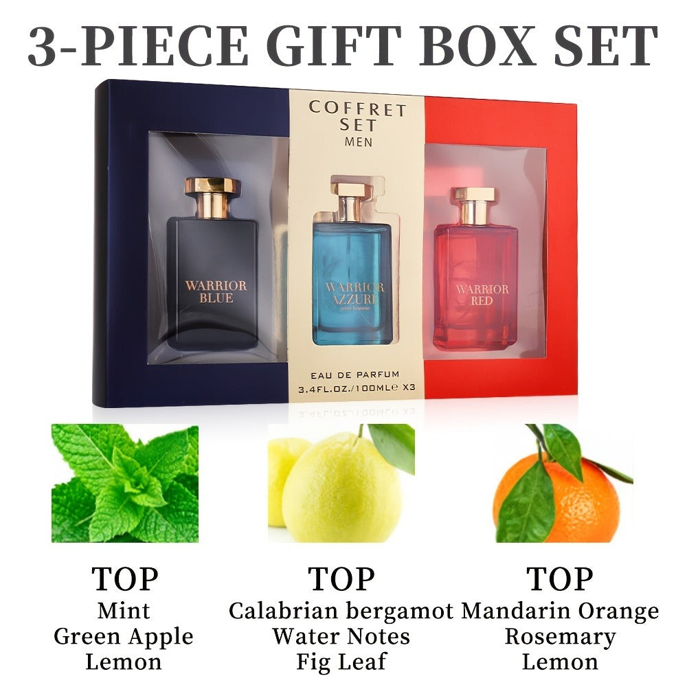 Warrior Blue Men's Eau de Toilette 3.4 oz — Bold Aromatic Cologne Spray | Long-Lasting Masculine EDT | Single Bottle or 3-Piece Gift Set for Him