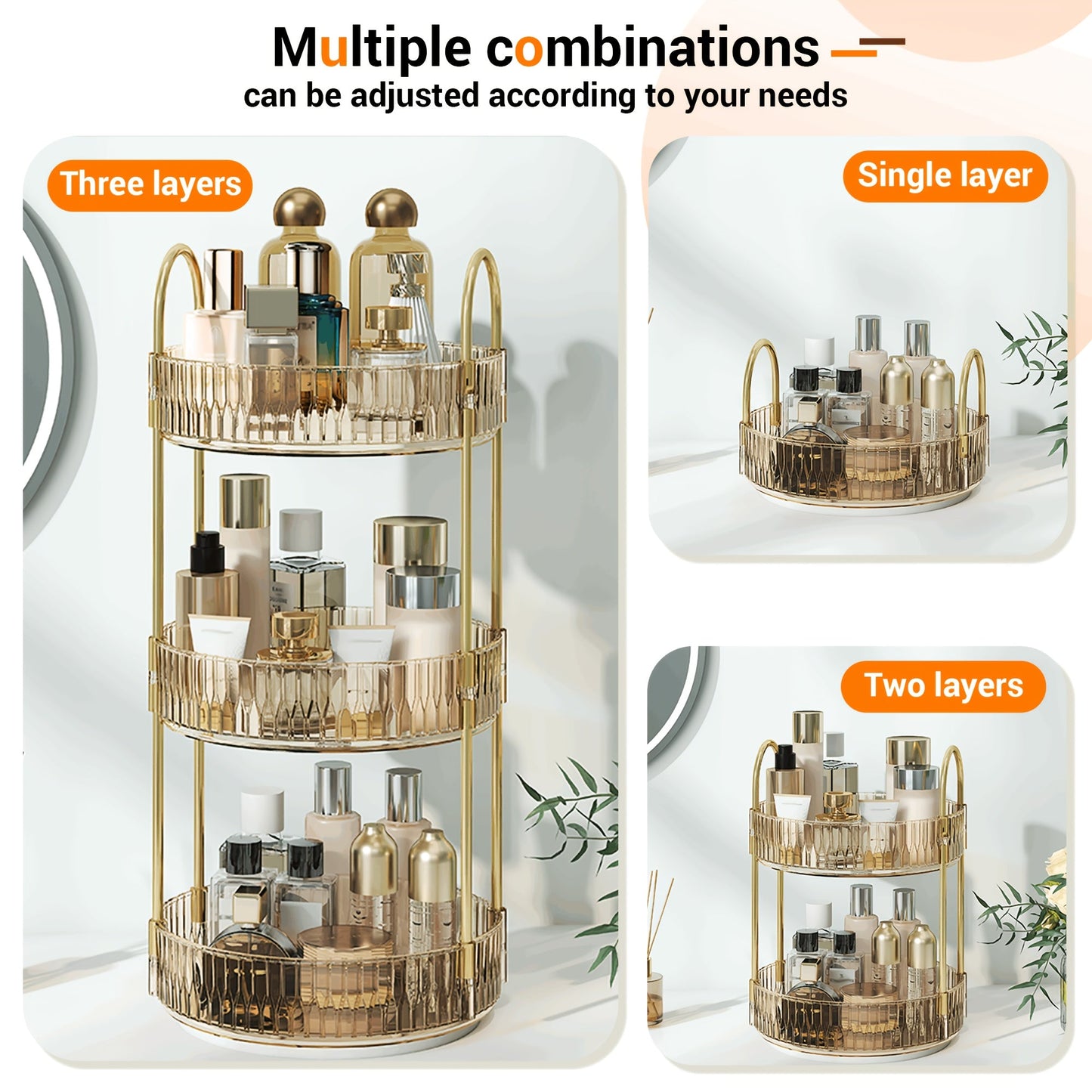 Rotating Multi-Level Makeup Organizer with Detachable Trays and 12 Exact Color-and-Layer Options