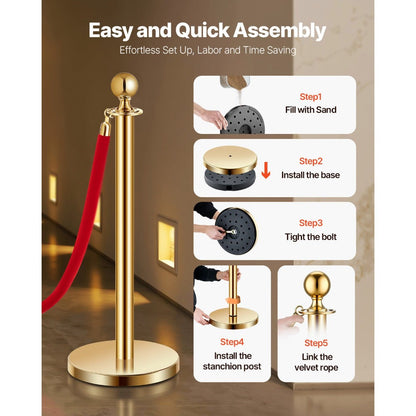 Stanchion Posts with Red Velvet Rope Set - Gold Crowd Control Barrier, for Home, Office and Event Organization