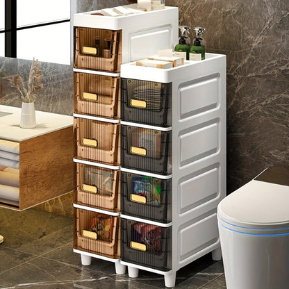 Storage Cabinet Slim PP Drawer Tower with Wheels, Pull-Out Bins and Three, Four or Five Layers