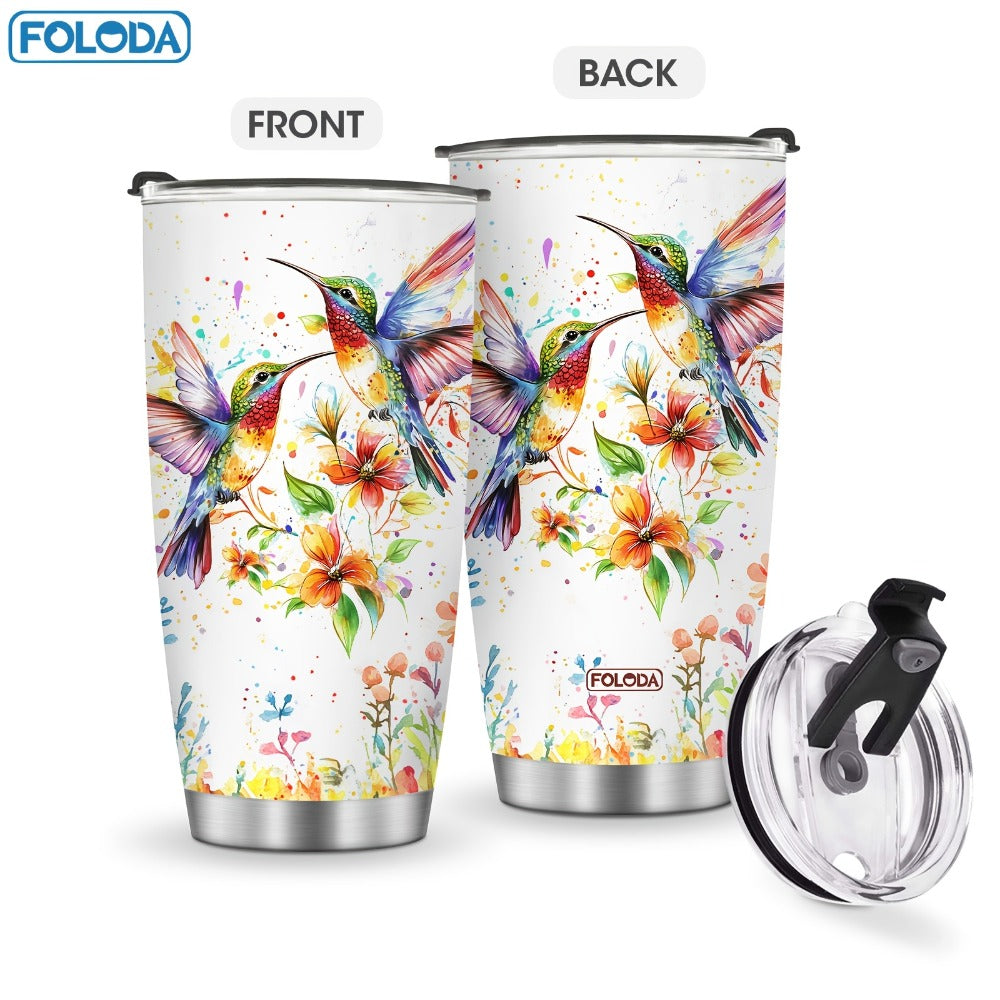 Twenty-Ounce Hummingbird and Flower Travel Tumblers in Ten Exact Printed Design Configurations