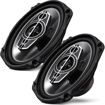 Pair of 6 x 9 Inch Five-Way Coaxial Car Speakers Labeled 1000W Peak, 120W RMS and 4 Ohms with Grilles