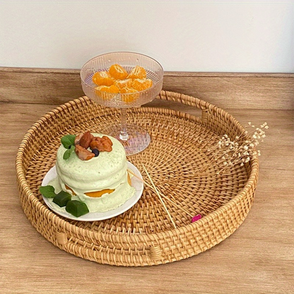 Serving Tray Basket - Hand-Woven Round Rattan Organizer for Fruits Bread Snacks, for Home Cooking, Dining and Outdoor Meals