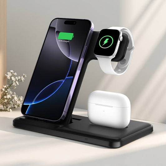 USB-C 3-in-1 Wireless Charging Station Upright Stand – Fast Charge Dock for iPhone 16 15 14 13 12 Pro Max, Apple Watch Ultra Series 10 9 8 7 SE & AirPods Pro 2 | Black & White