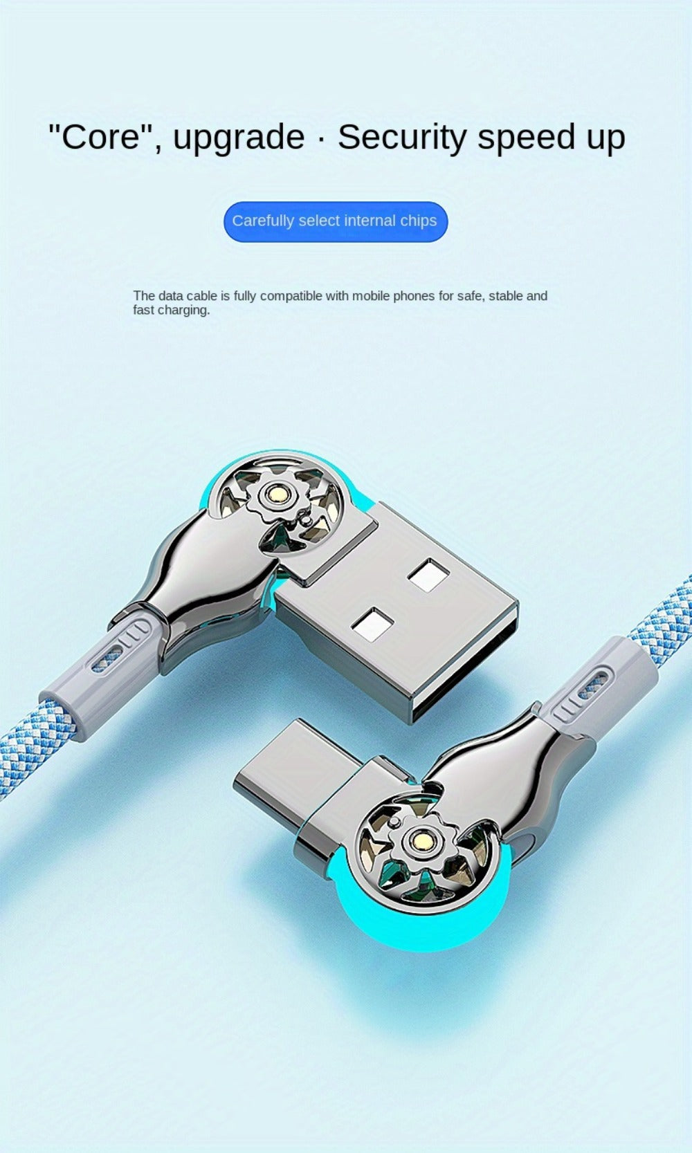 Double-Elbow USB-C to USB-C Cable with Rotating Right-Angle Connectors, Blue LED Accents and 2 m Length
