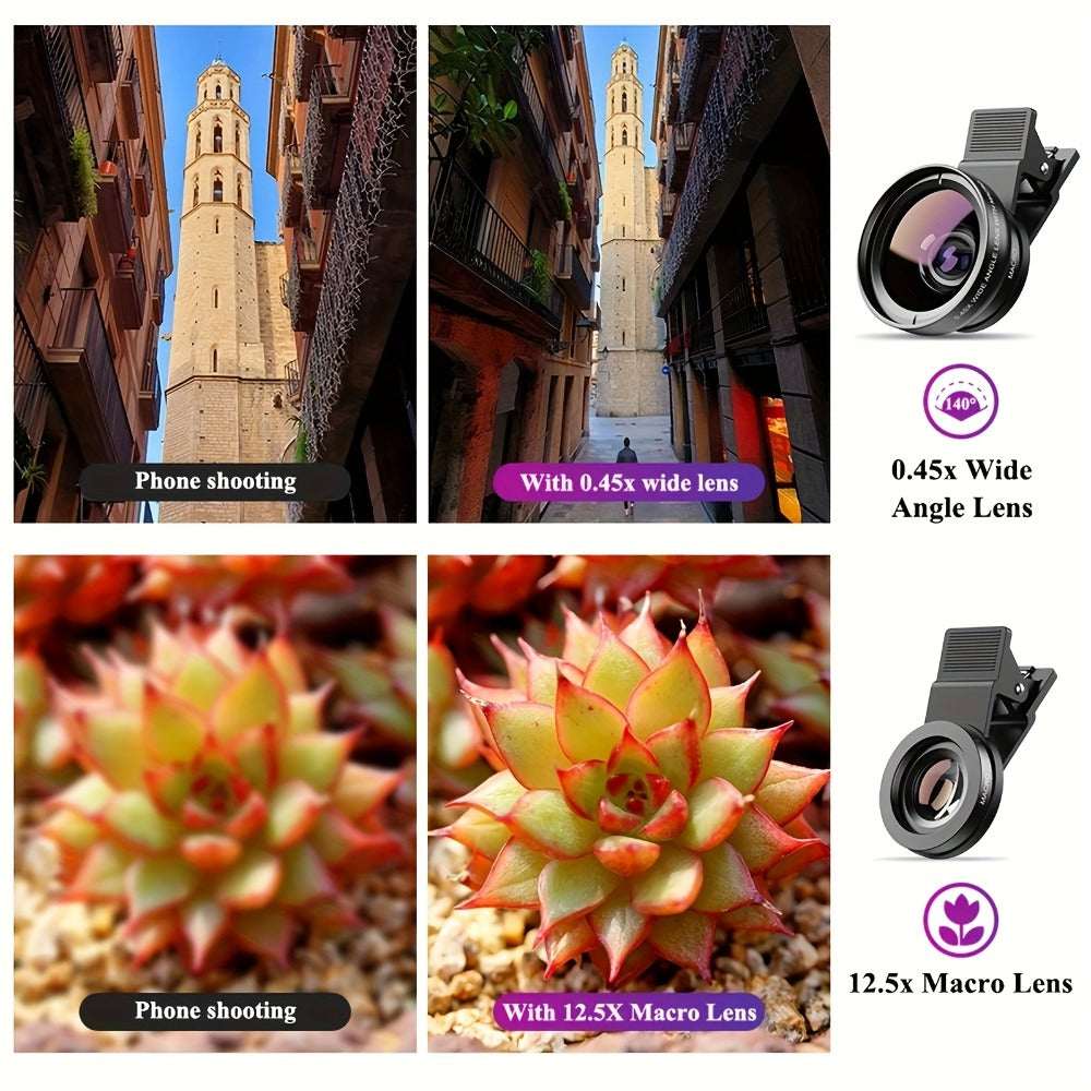 Two-in-One Universal Clip-On Smartphone Camera Lens with 0.45x Wide Angle and 12.5x Macro Optics