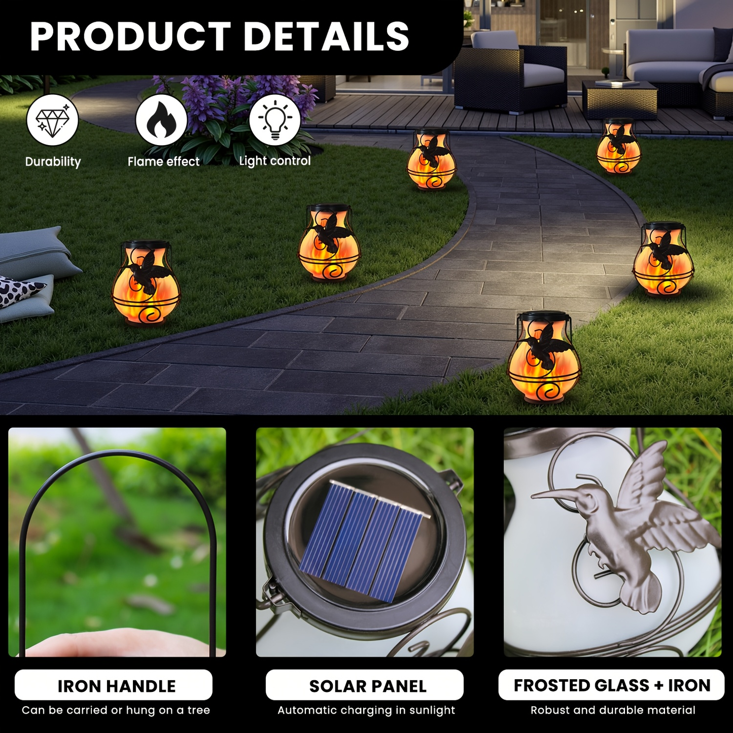 Solar Outdoor Lights Hummingbird Flickering Flame Hanging Lanterns, IP44, 2- or 4-Pack for Yard Decor