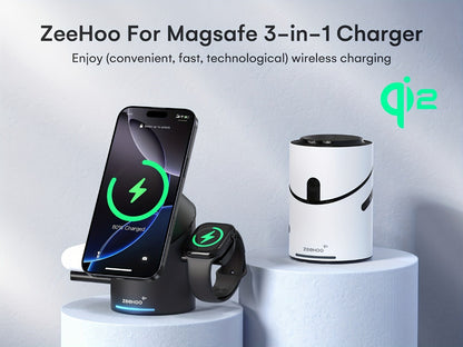 Wireless Charging Station, ZEEHOO CylinTrick-R Qi2-Marked 15W Rotating 3-in-1 Stand in White or Black