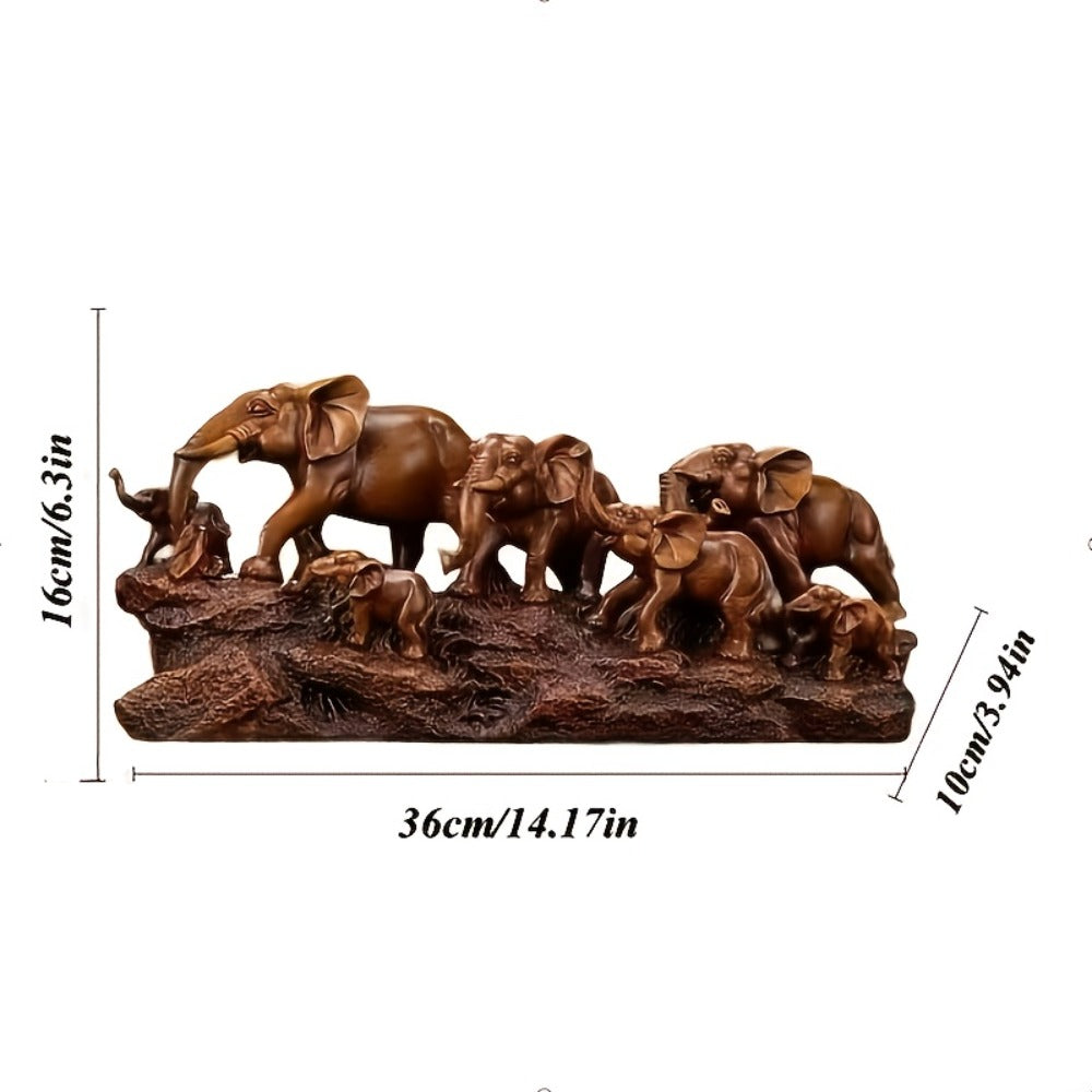 Elephant Family Figurine with Resin Herd Sculpture on Textured Base, 36 x 16 x 10cm Horizontal Shelf Format