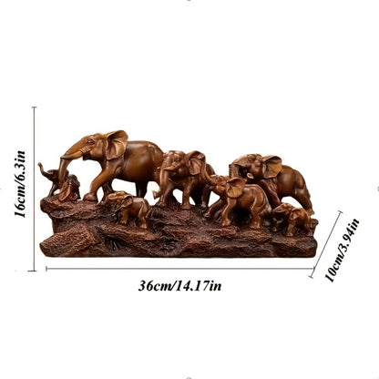 Elephant Family Figurine with Resin Herd Sculpture on Textured Base, 36 x 16 x 10cm Horizontal Shelf Format
