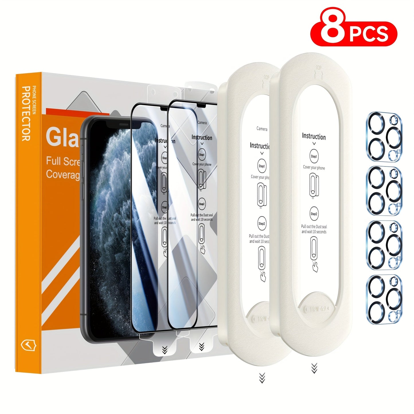 Screen Protector, 8-Piece iPhone Tempered Glass Set with Four Screen Films, Four Camera Lens Covers and Alignment Tools