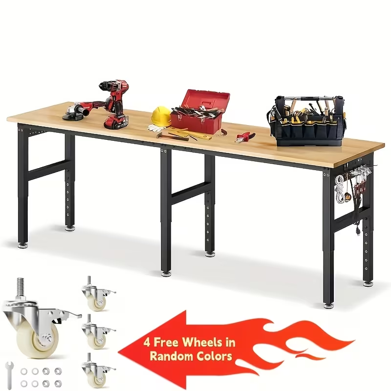 Adjustable 28–40-Inch Wood-Top Workbench in 60- or 96-Inch Widths with Pegboard, Wheels and Power Strip