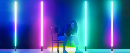 RGB Tube Floor Lamp 360° with Stand – App & 24-Key Remote Music Sync 16 Million Colors Dimmable Timer Mood Light for Bedroom Gaming Room DJ Studio Dance Club Party – 1/2 Pack