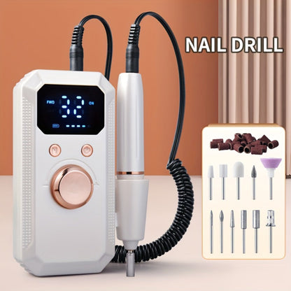 Cordless Electric Nail Drill Machine Rechargeable Professional E-File 11 Bits 20 Sanding Discs High Speed Acrylic Gel Natural Nails Polishing Portable Home Salon Black Pink White Grey Rose Gold