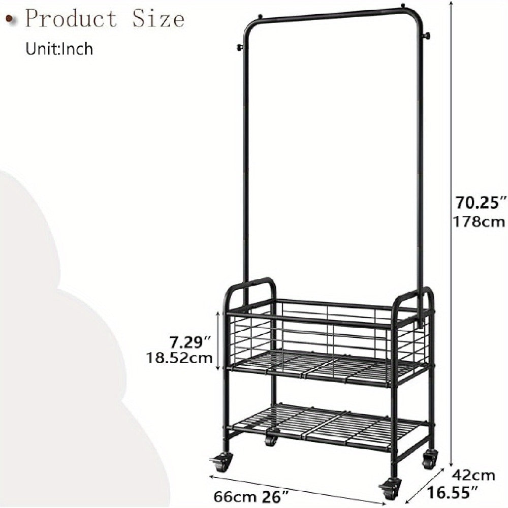 Rolling Laundry Basket Cart with 70.25-Inch Hanging Rail, Two Shelves, Four Casters and White, Black or Silver Frames