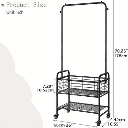 Rolling Laundry Basket Cart with 70.25-Inch Hanging Rail, Two Shelves, Four Casters and White, Black or Silver Frames