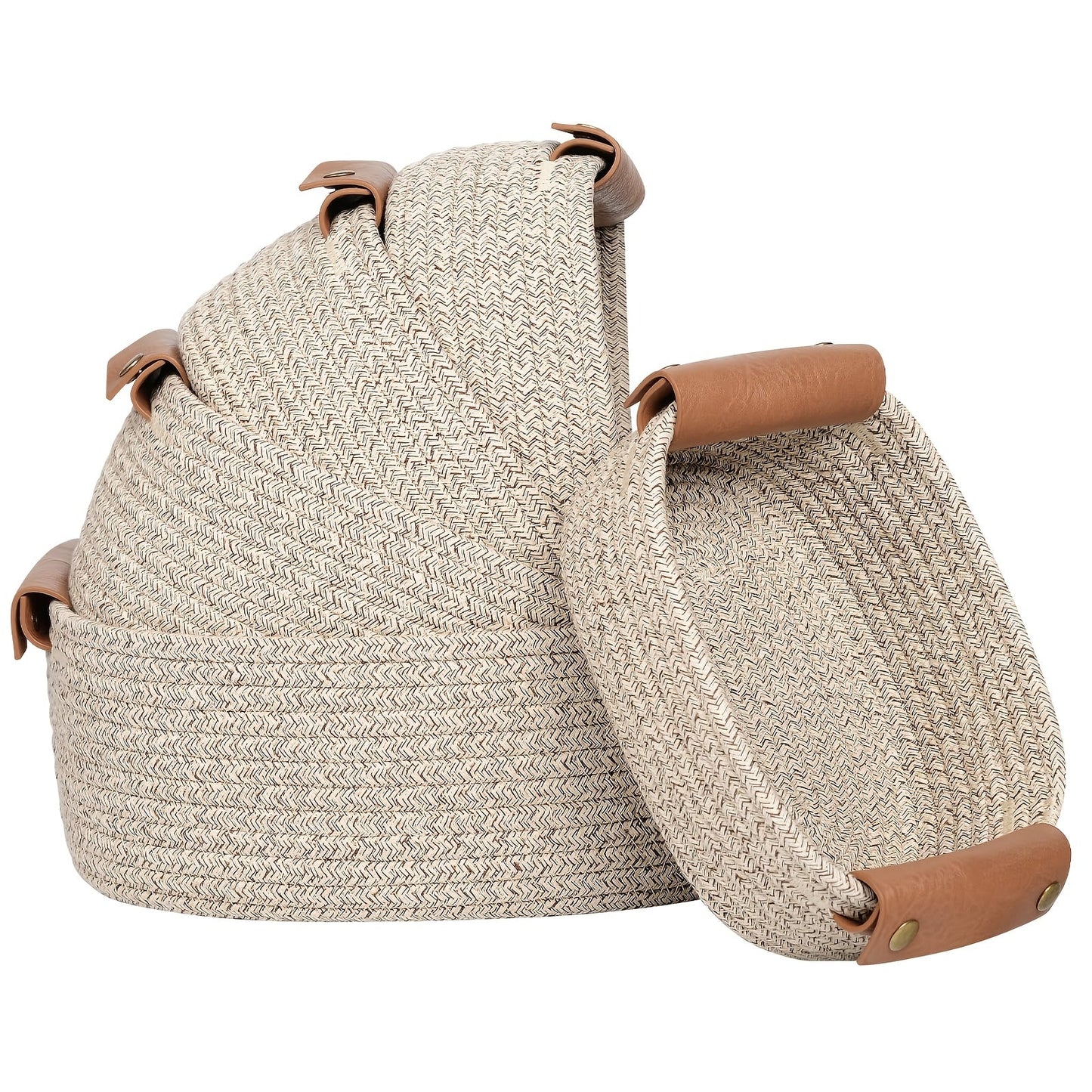 Cotton Rope Storage Baskets Set of 5 with Leather Handles in Four Color Options for Home Organization