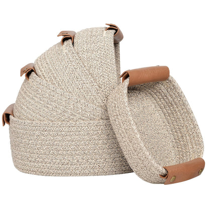 Cotton Rope Storage Baskets Set of 5 with Leather Handles in Four Color Options for Home Organization