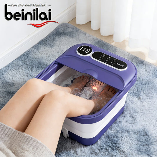 Foot Spa Massager Collapsible with Heater & Temperature Control – Foot Bath with Bubbles, 6 Massage Rollers, Vibration, Red Light Therapy & Auto Massage for Home Foot Care, Black Blue