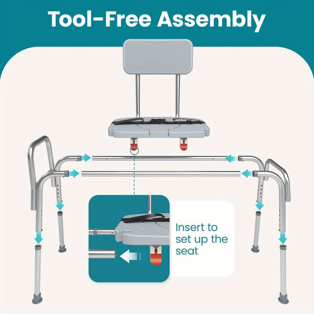 Sliding Bathtub Transfer Bench with Reversible Grey Seat, Safety Rail, Backrest and Adjustable Legs