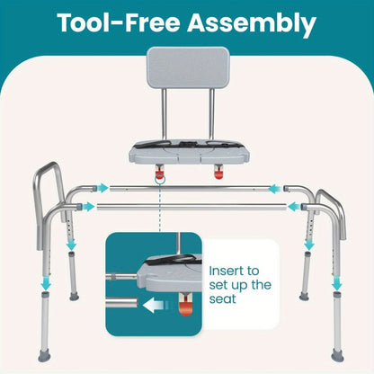 Sliding Bathtub Transfer Bench with Reversible Grey Seat, Safety Rail, Backrest and Adjustable Legs
