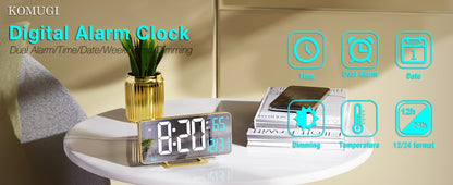 Large Digital Alarm Clock 6.7" with Dual Alarm & Dimmable LED Display, USB Powered Desk Clock with Temperature
