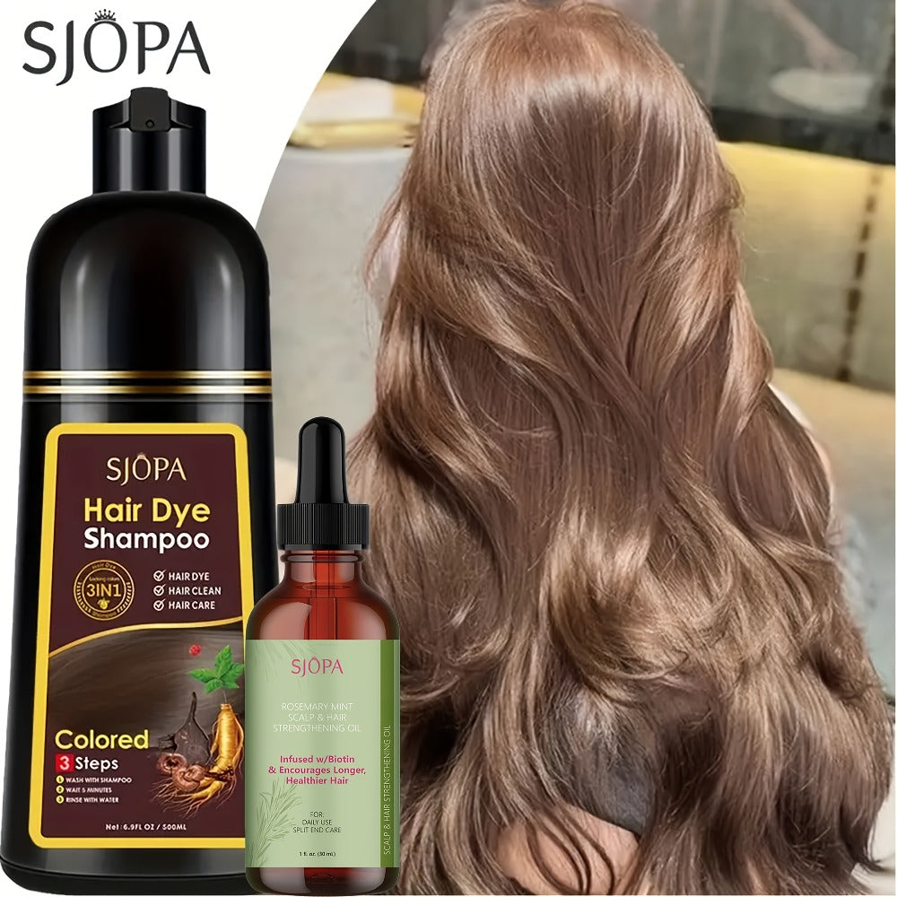 Hair Dye Shampoo, SJOPA 500ml Bottle and Rosemary Hair Oil Set with Seven Color Options for At-Home Color Selection