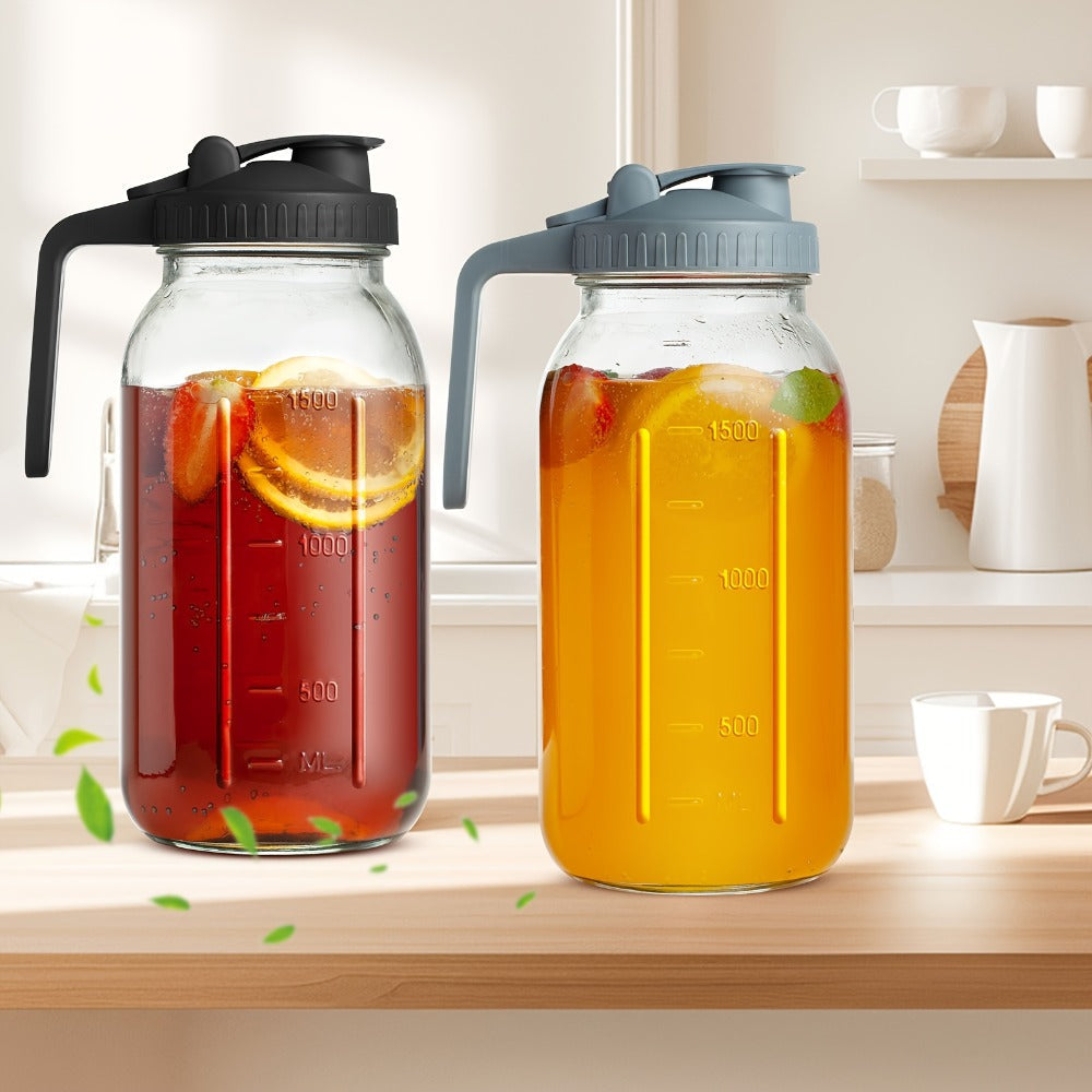 Mason Jar Pitcher 64oz Wide Mouth Glass Pitcher with Pour Spout & Handle – 2 Pack Leak Proof Iced Tea Pitcher for Fridge, Coffee Creamer, Sun Tea & Juice