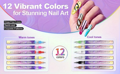 Nail Art Pens 12 Colors Quick Dry 3D Graffiti & Detail Brush Set – Ultra-Fine Precision Drawing Pen Kit for DIY Nail Design, Salon & Home Use, Vibrant Long Lasting Ink